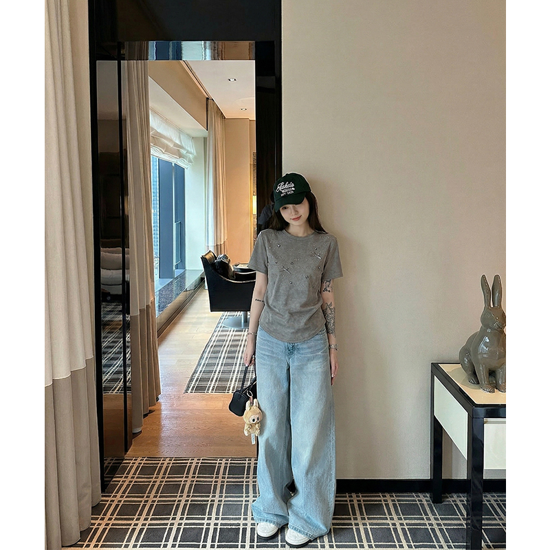 AI蝴蝶結鑲鉆純棉正肩短袖t恤女2026年夏季洋氣別致上衣修身顯瘦