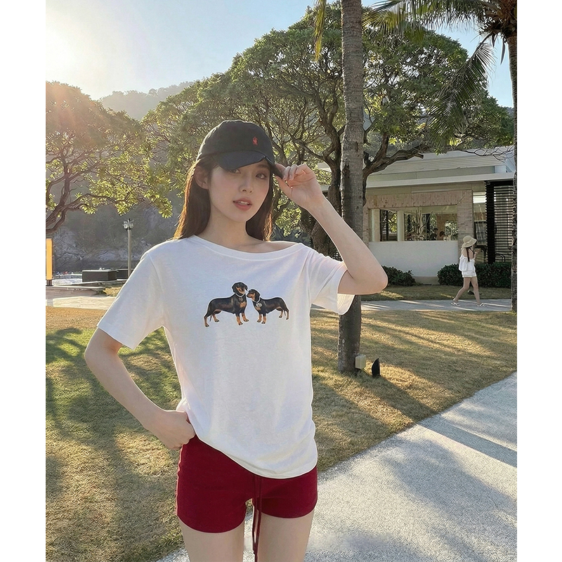 AI實價#短袖t恤女夏季2026新款小狗印花設計感純欲露肩斜肩上衣