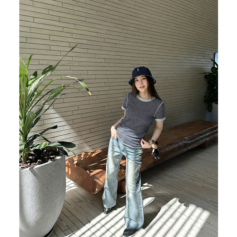 AI實價圓領正肩拼接條紋撞色短袖t恤女2026春季韓系修身顯瘦