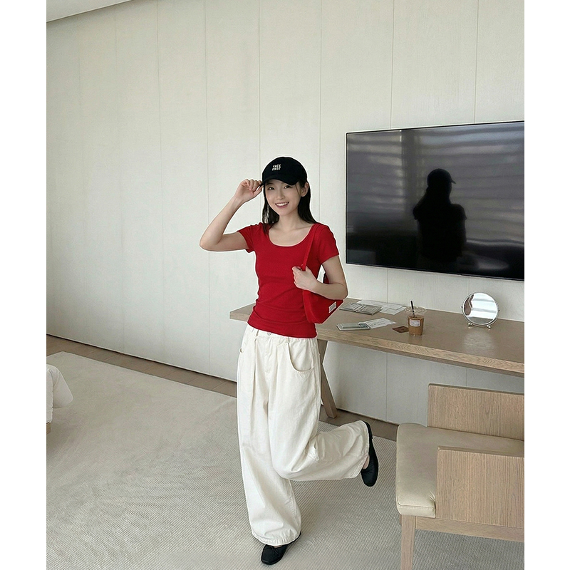 AI實價方領短袖t恤女2026夏季新款基礎百搭修身顯瘦純色上衣女