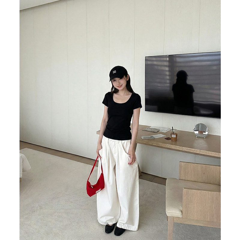 AI實價方領短袖t恤女2026夏季新款基礎百搭修身顯瘦純色上衣女