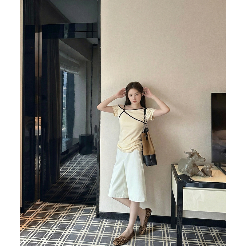AI實價#杏色假兩件吊帶斜肩短袖t恤女夏季設計感收腰短款體恤