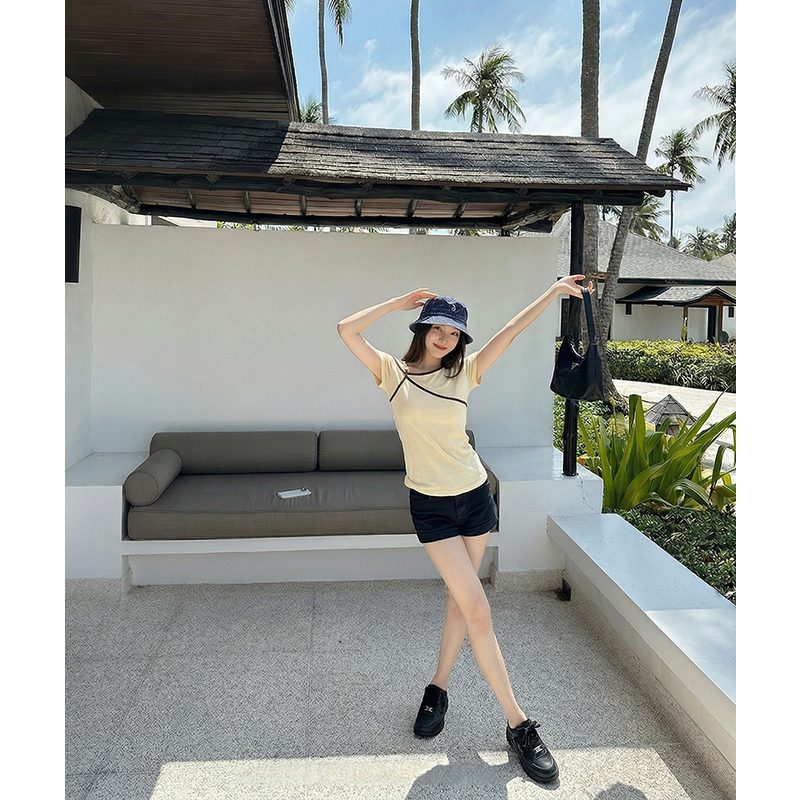 AI實價#杏色假兩件吊帶斜肩短袖t恤女夏季設計感收腰短款體恤