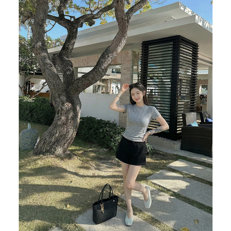 AI實價#純色圓領正肩短袖t恤女2026夏季性感辣妹設計修身顯瘦