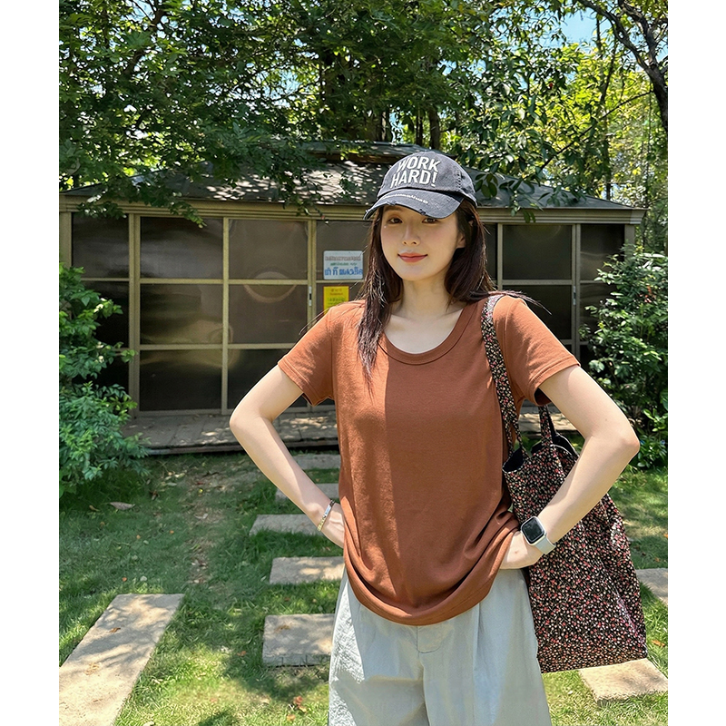 AI實拍#灰色純棉正肩v領短袖t恤女夏季打底衫內搭體恤寬松上衣