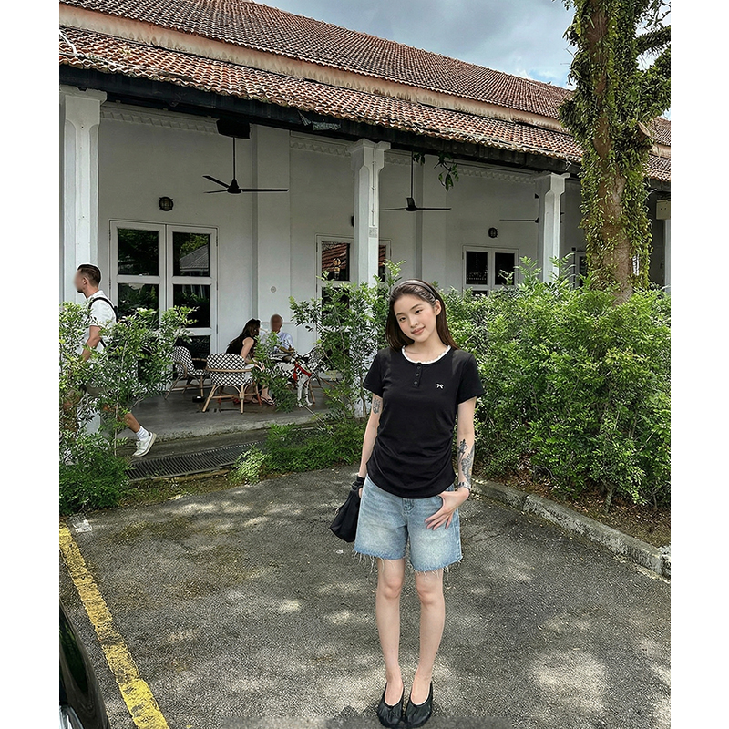AI實價#蕾絲花邊正肩短袖t恤女夏季2026新款褶皺蝴蝶結短款上衣