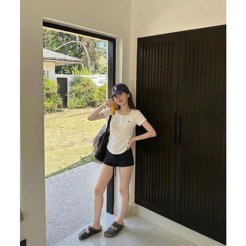 AI實價#蕾絲花邊正肩短袖t恤女夏季2026新款褶皺蝴蝶結短款上衣