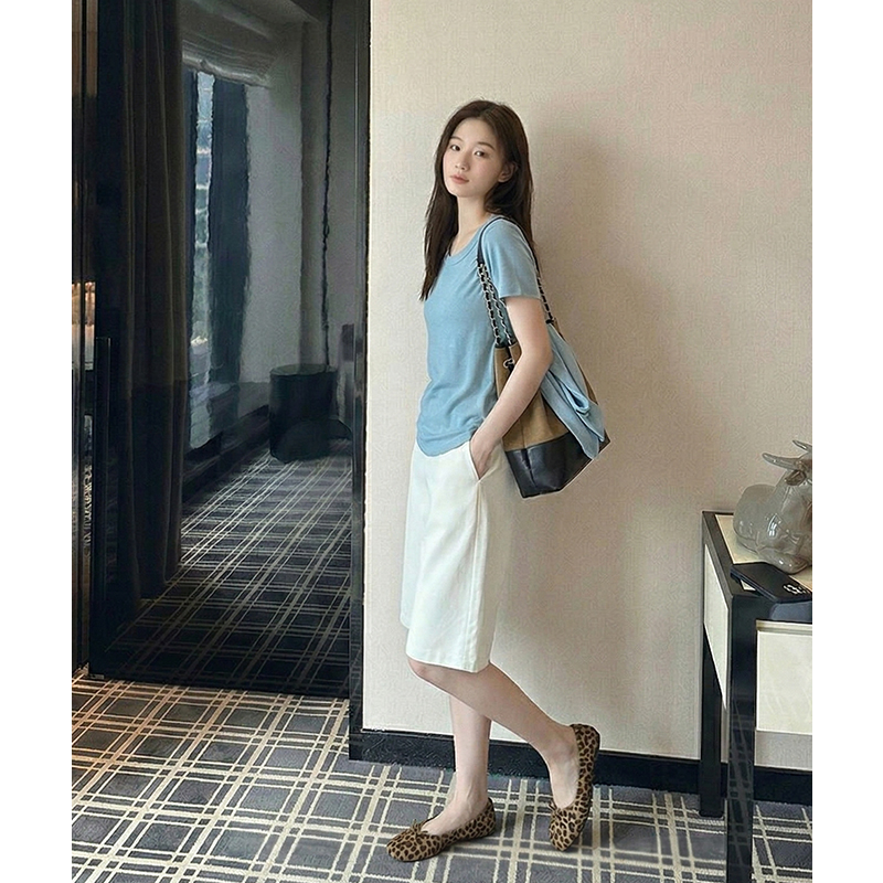 AI實價低圓領短款上衣夏季露鎖骨甜辣風設計感螺紋體恤女