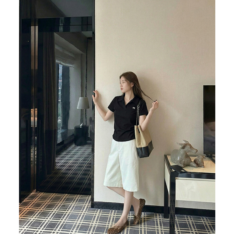 AI實拍#白色刺繡polo翻領正肩短袖t恤女春季夏褶皺收腰短款上衣
