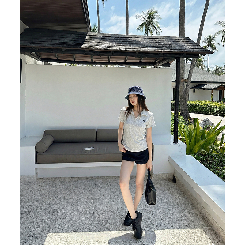 AI實拍#白色刺繡polo翻領正肩短袖t恤女春季夏褶皺收腰短款上衣