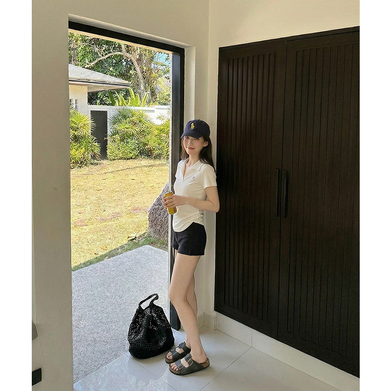 AI實拍#白色刺繡polo翻領正肩短袖t恤女春季夏褶皺收腰短款上衣