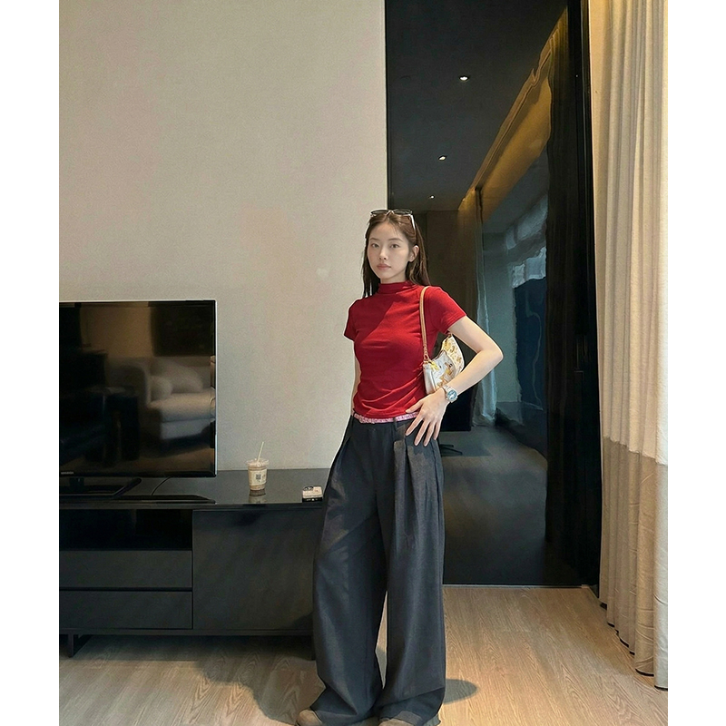 AI實價#小高領短袖t恤女修身2026新款春季百搭半袖顯瘦短款上衣