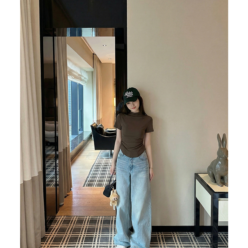 AI實價#小高領短袖t恤女修身2026新款春季百搭半袖顯瘦短款上衣