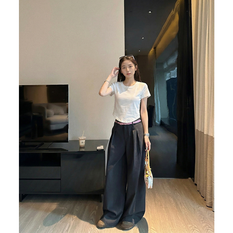 AI實價#u領純棉短袖t恤女2026夏季新款不規則正肩短款露臍設計