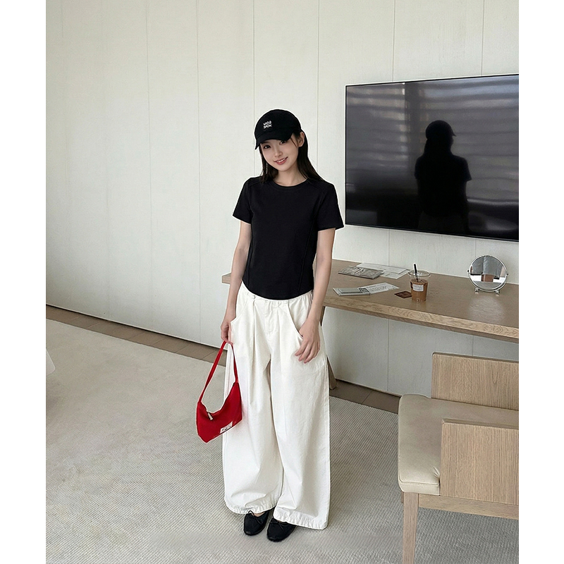 AI實價正肩短袖t恤女夏季新款設計感不規則魚骨線修身顯瘦上衣