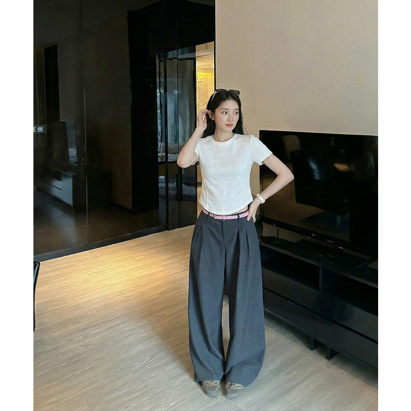 AI實價正肩短袖t恤女夏季新款設計感不規則魚骨線修身顯瘦上衣