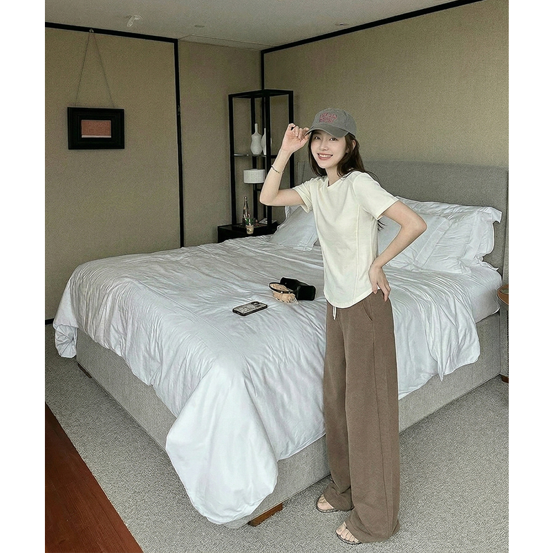 AI實價正肩短袖t恤女夏季新款設計感不規則魚骨線修身顯瘦上衣