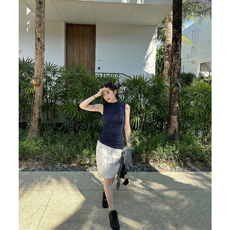 AI實價#白色半高領莫代爾無袖t恤女2026新款夏季高級感修身顯瘦