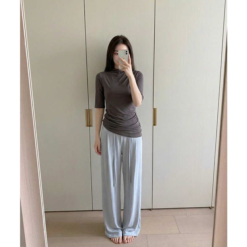 AI實價白色半高領短袖t恤女薄款莫代爾不規則七分袖上衣女中袖
