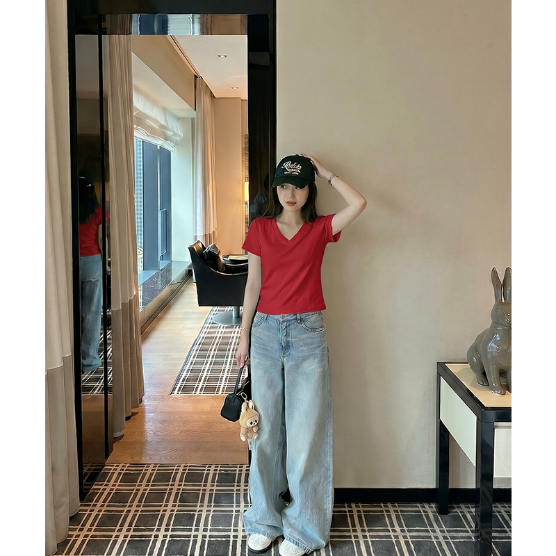 AI實價辣妹露臍短款上衣2026新款美式氣質修身緊身灰色v領短袖t