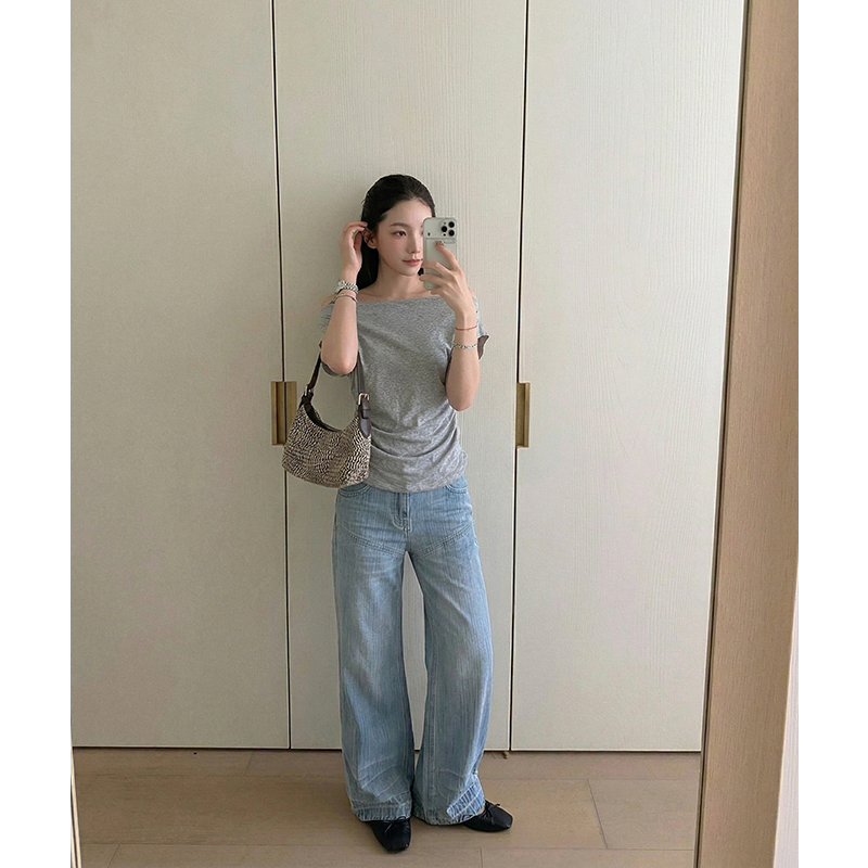 AI實價#黑色斜肩短袖t恤女2026夏季設計感寬松顯瘦不規則收腰