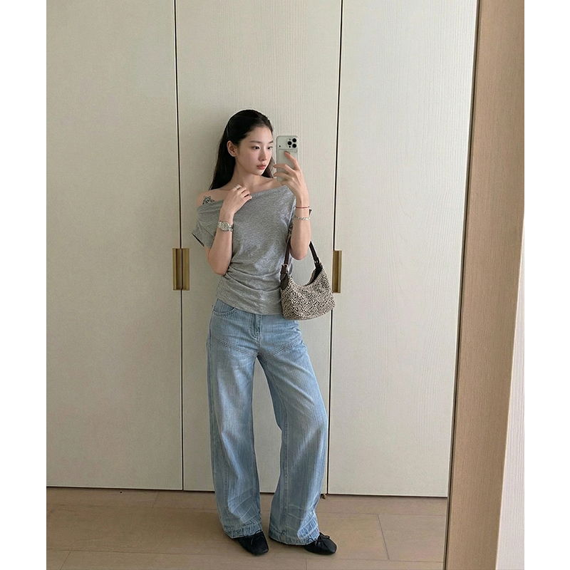 AI實價#黑色斜肩短袖t恤女2026夏季設計感寬松顯瘦不規則收腰