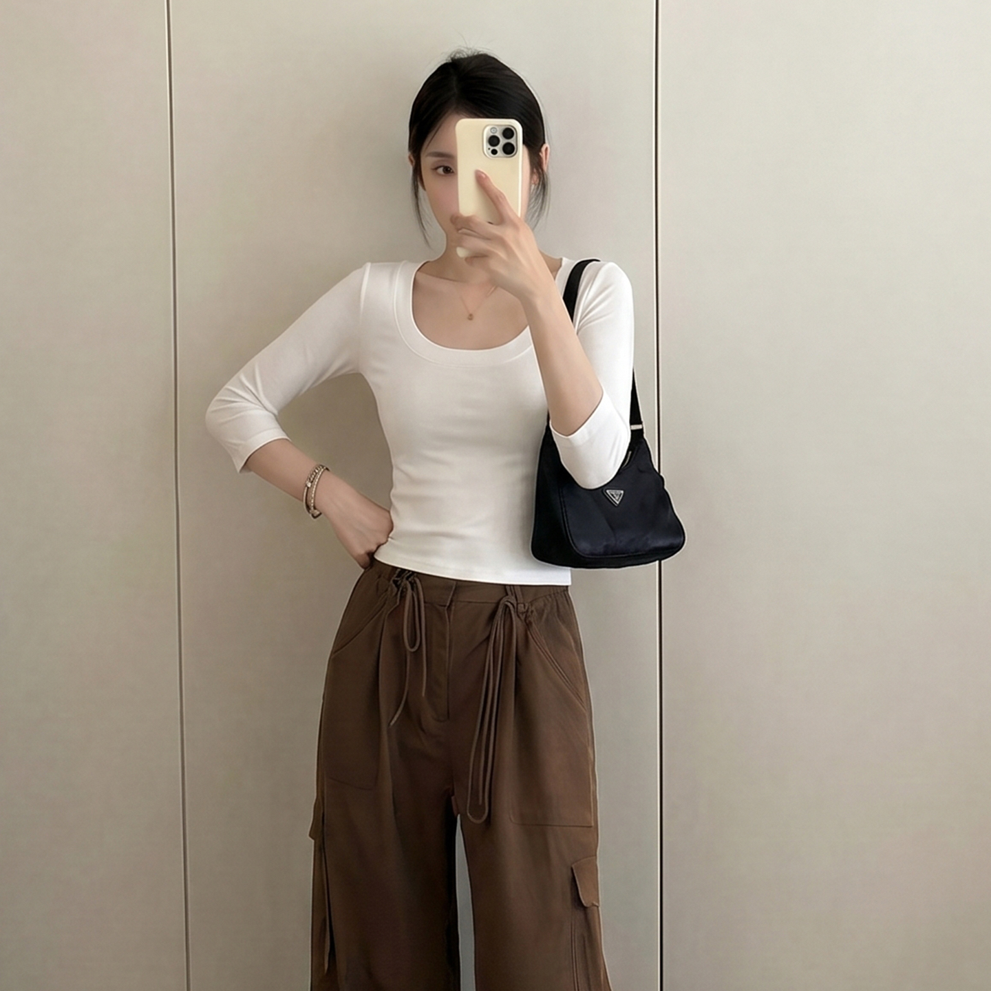 AI實價#灰色七分袖u領正肩t恤女2026新款夏季打底衫中袖五分袖