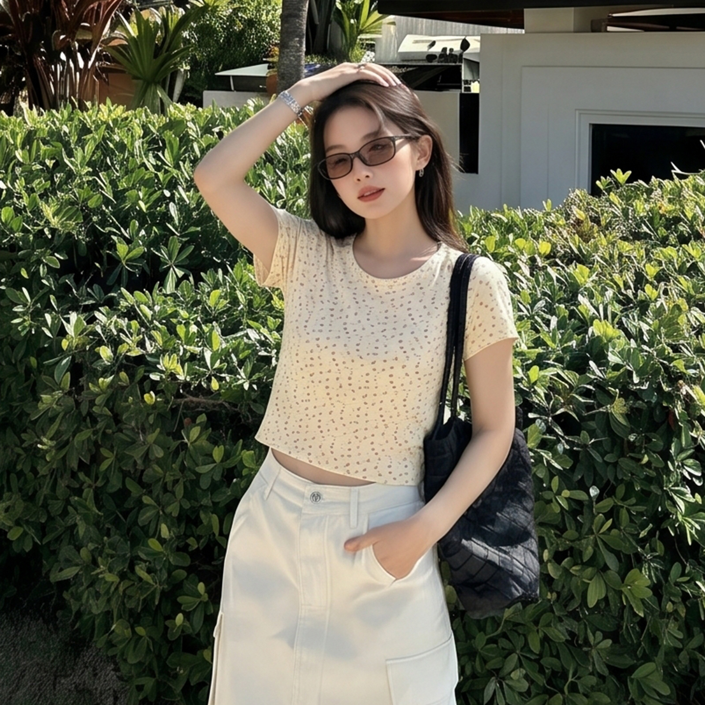 AI實價#韓系溫柔風碎花正肩短袖t恤女2025年夏季新款修身短款