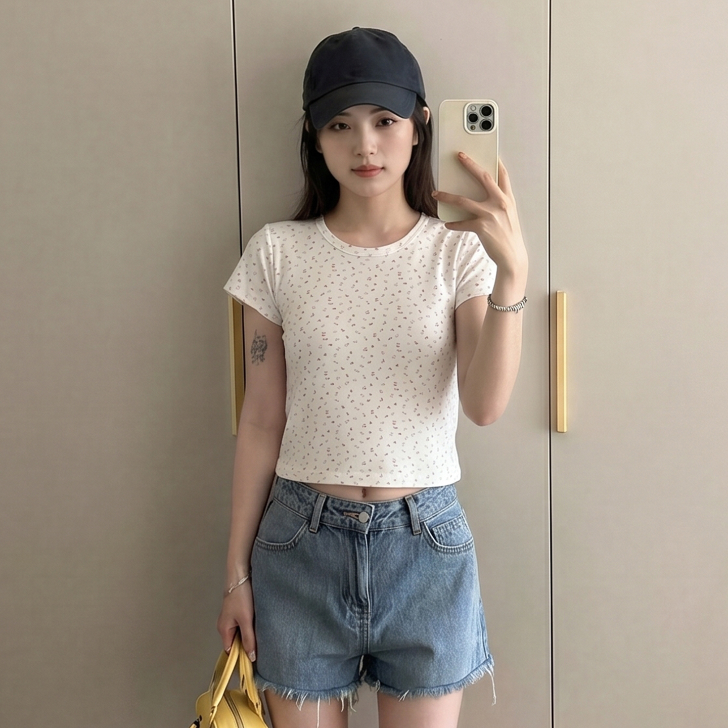 AI實價#韓系溫柔風碎花正肩短袖t恤女2025年夏季新款修身短款