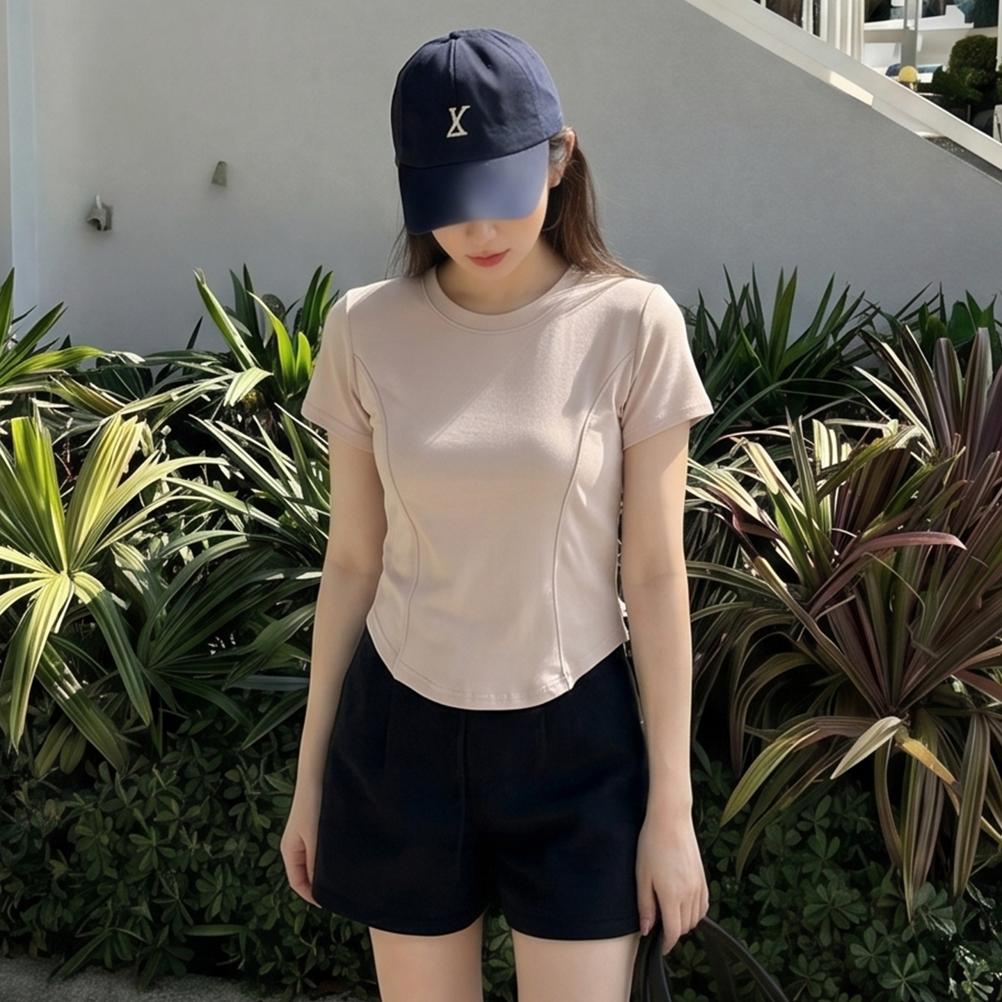 AI實價#圓領短袖t恤女春季2026年新款設計感魚骨修身短款上衣女