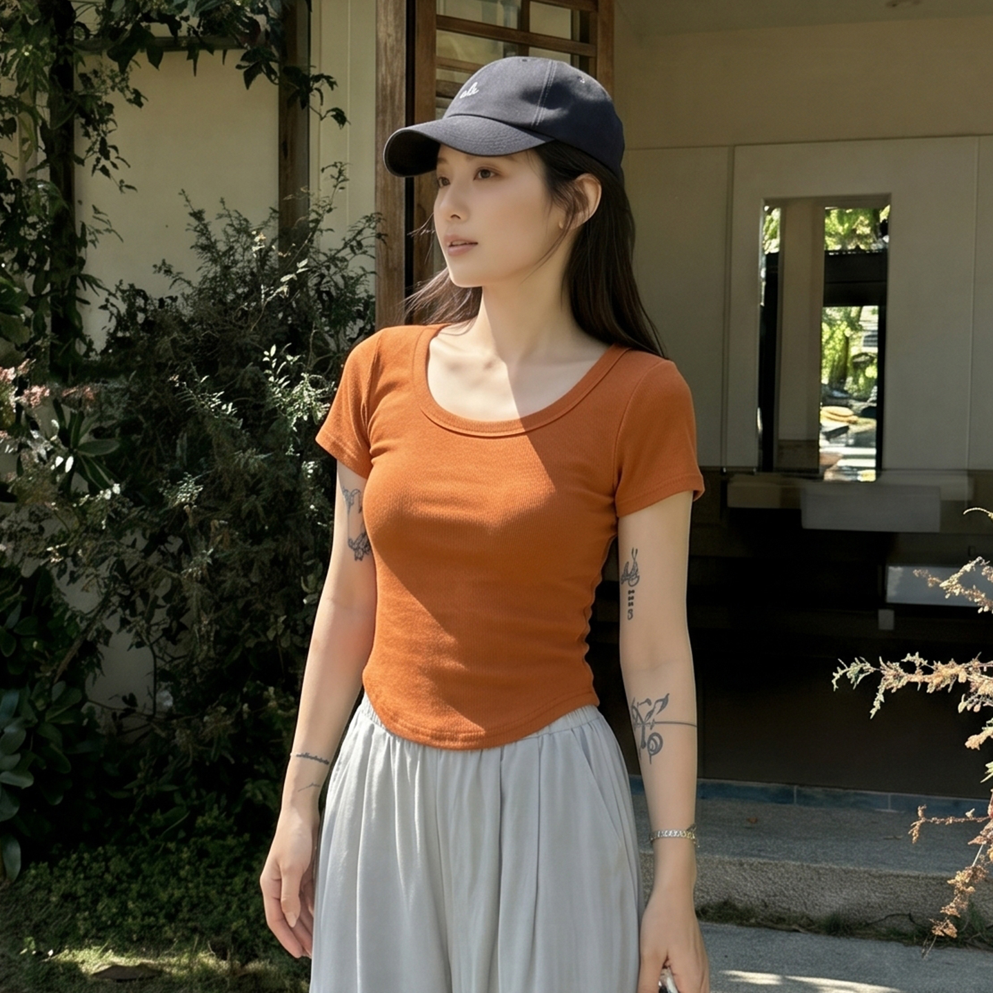 AI實價#低圓領漏鎖短袖t恤女新款2026春季純棉體恤甜辣短款上衣