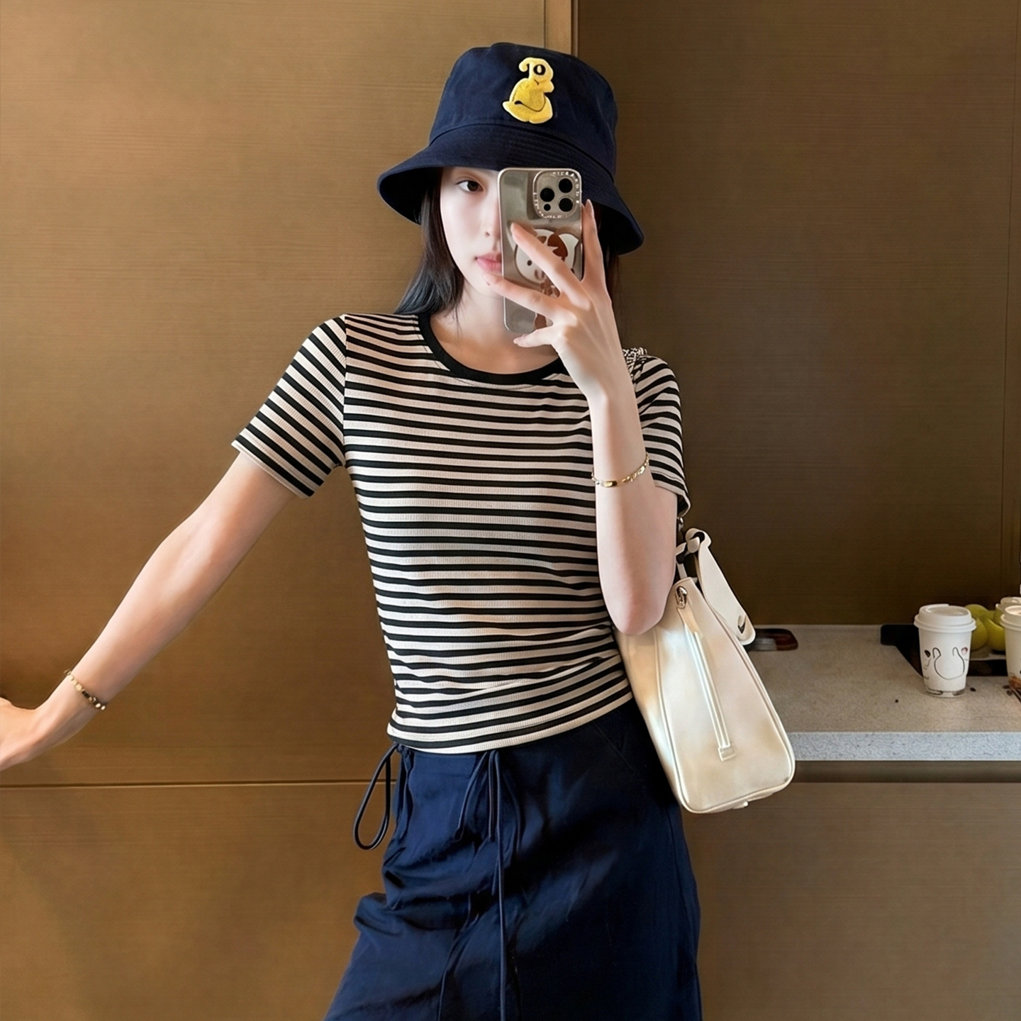 AI實價#條紋短袖t恤女夏季2026新款圓領百搭修身顯瘦短款上衣潮