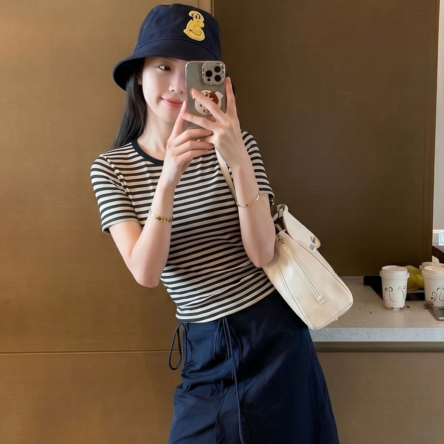 AI實價#條紋短袖t恤女夏季2026新款圓領百搭修身顯瘦短款上衣潮