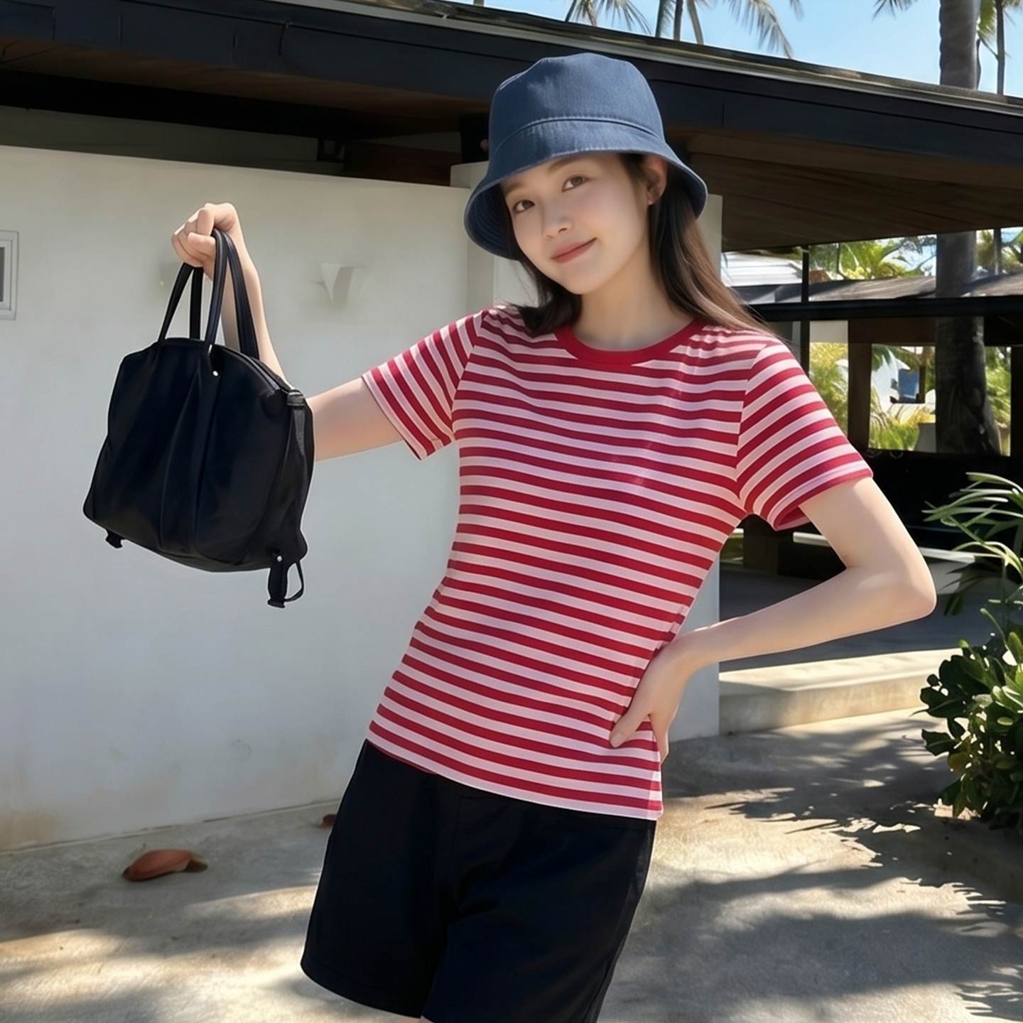 AI實價#條紋短袖t恤女夏季2026新款圓領百搭修身顯瘦短款上衣潮
