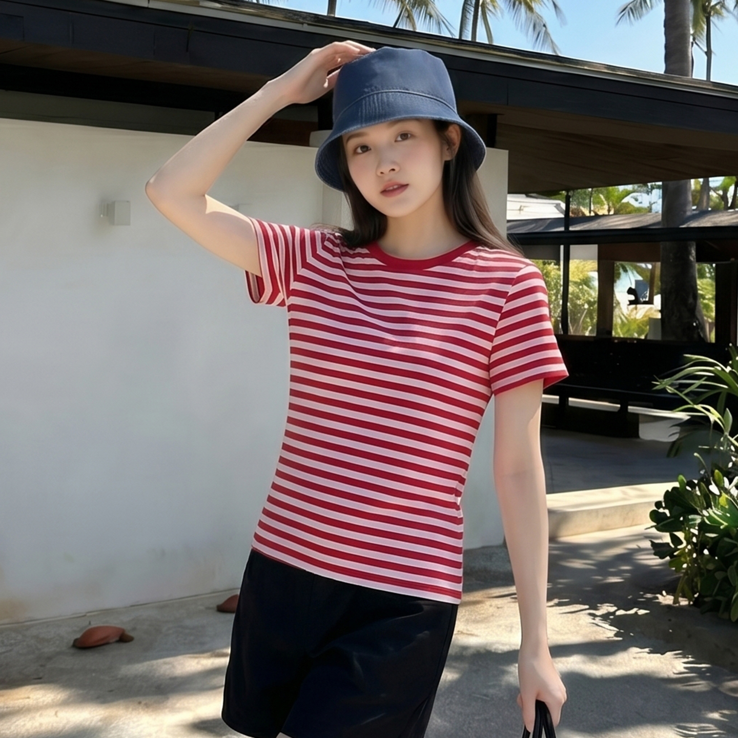 AI實價#條紋短袖t恤女夏季2026新款圓領百搭修身顯瘦短款上衣潮