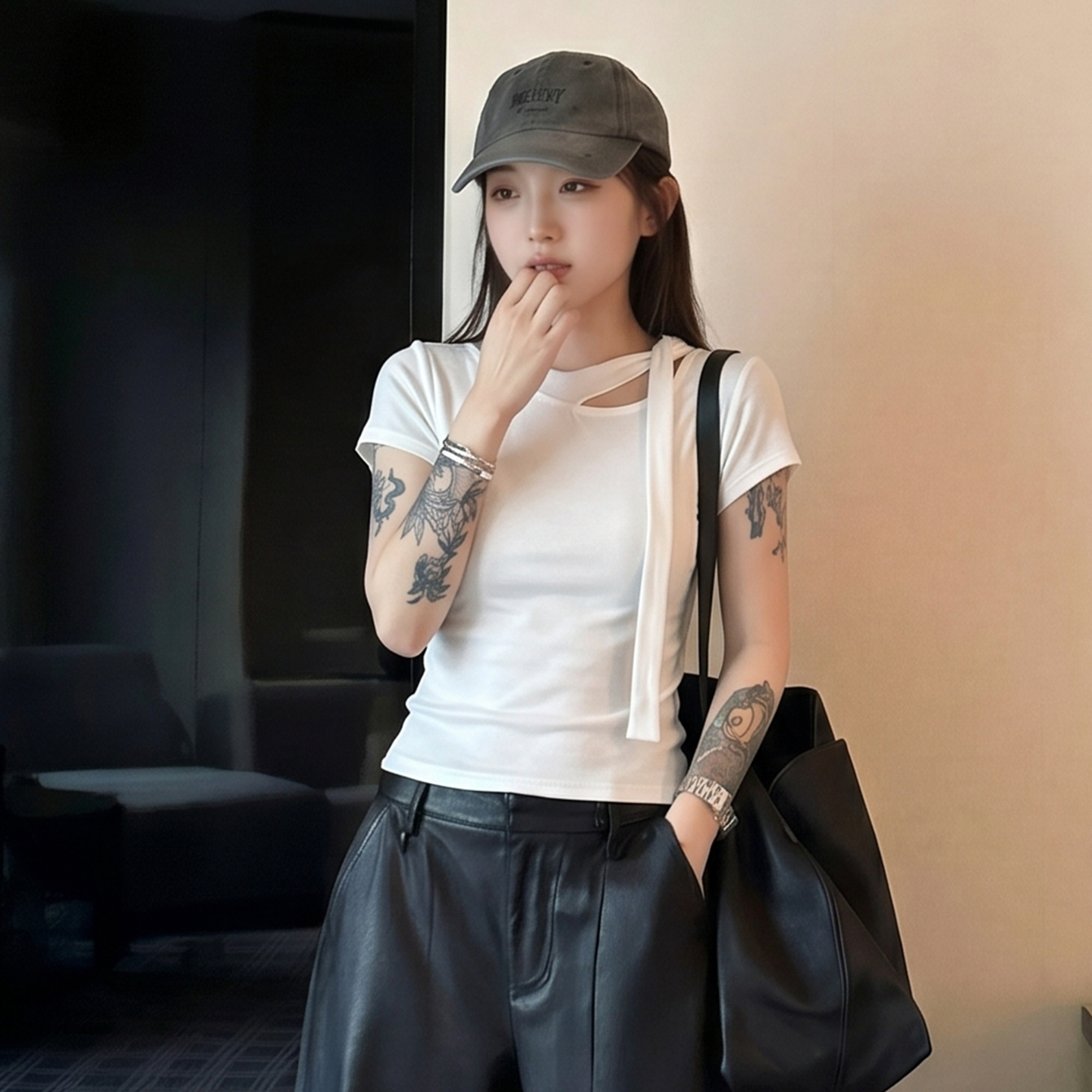 AI實價短袖t恤女2026新款春季蝴蝶結系帶設計感獨特絕美上衣女