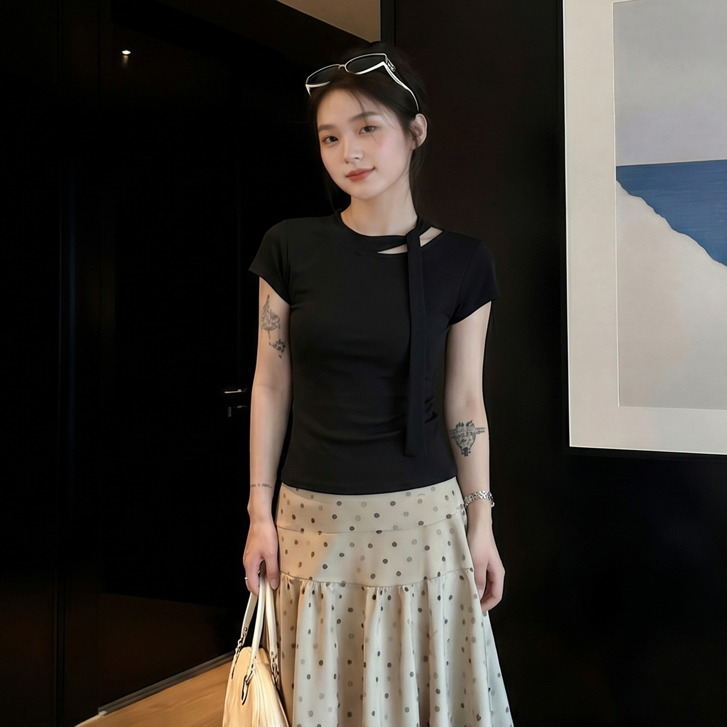 AI實價短袖t恤女2026新款春季蝴蝶結系帶設計感獨特絕美上衣女