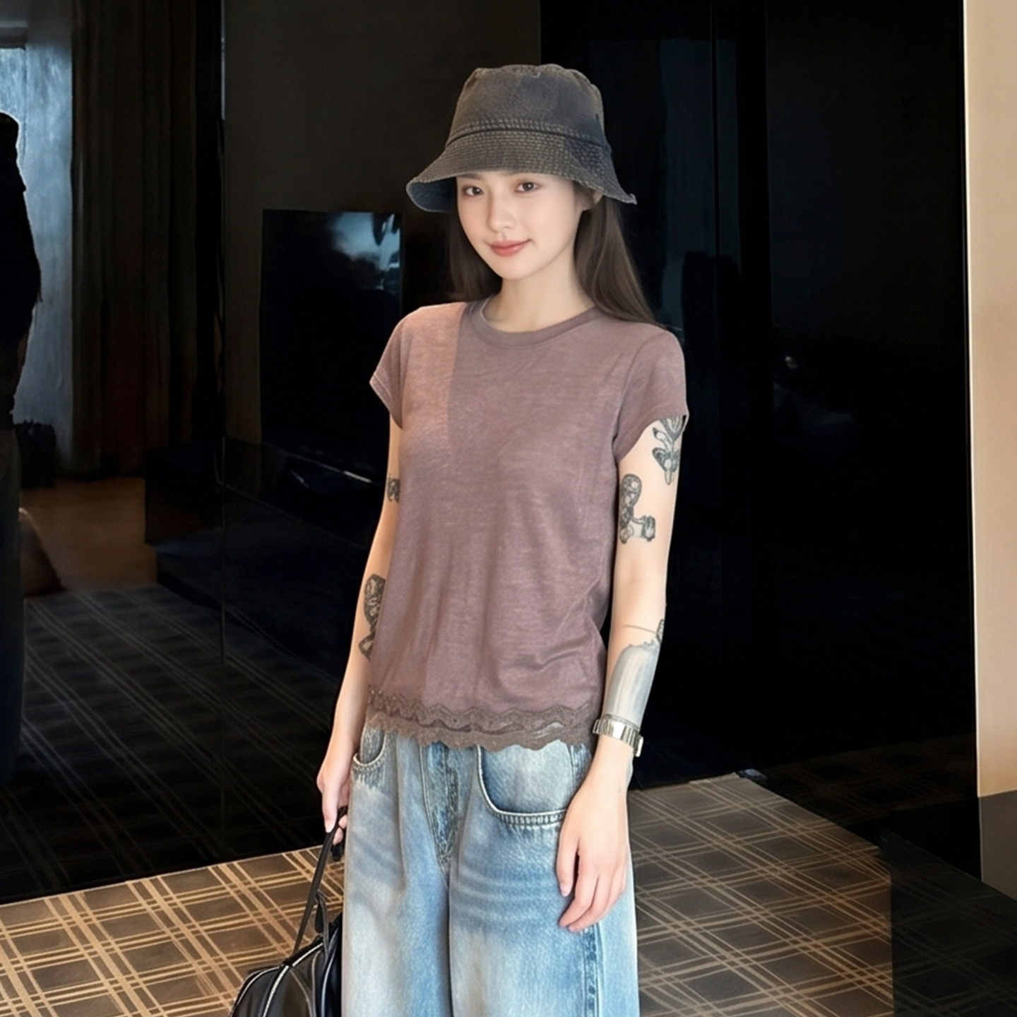 AI實價#蕾絲花邊短袖t恤女春2026新款設計感小眾寬松薄款上衣