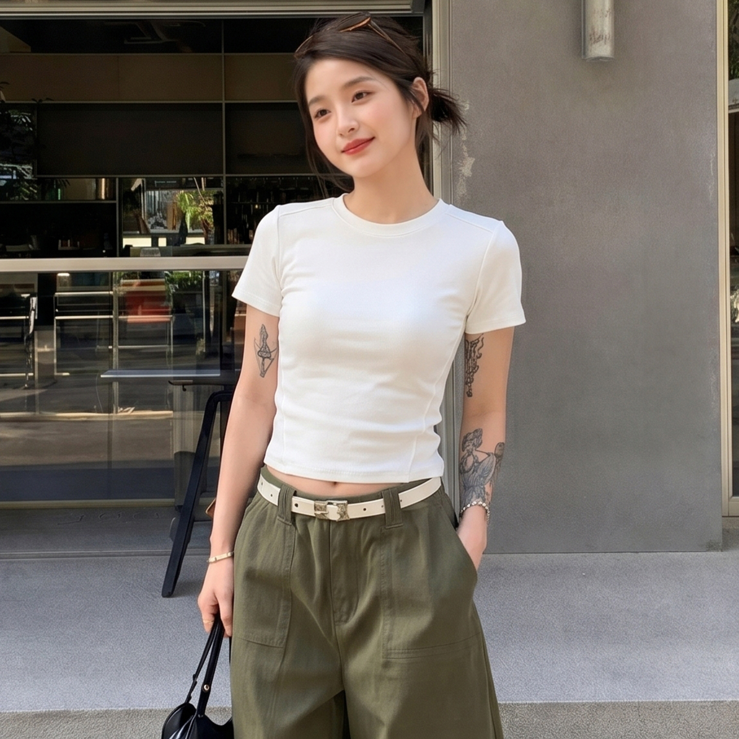 AI實拍#基礎白色正肩短袖t恤女春季打底衫體恤小個子短款上衣