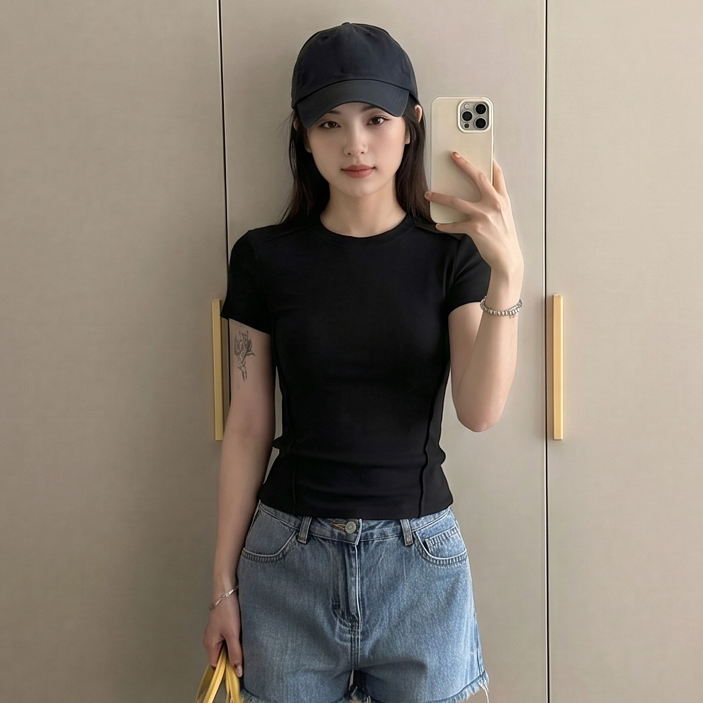 AI實拍#基礎白色正肩短袖t恤女春季打底衫體恤小個子短款上衣