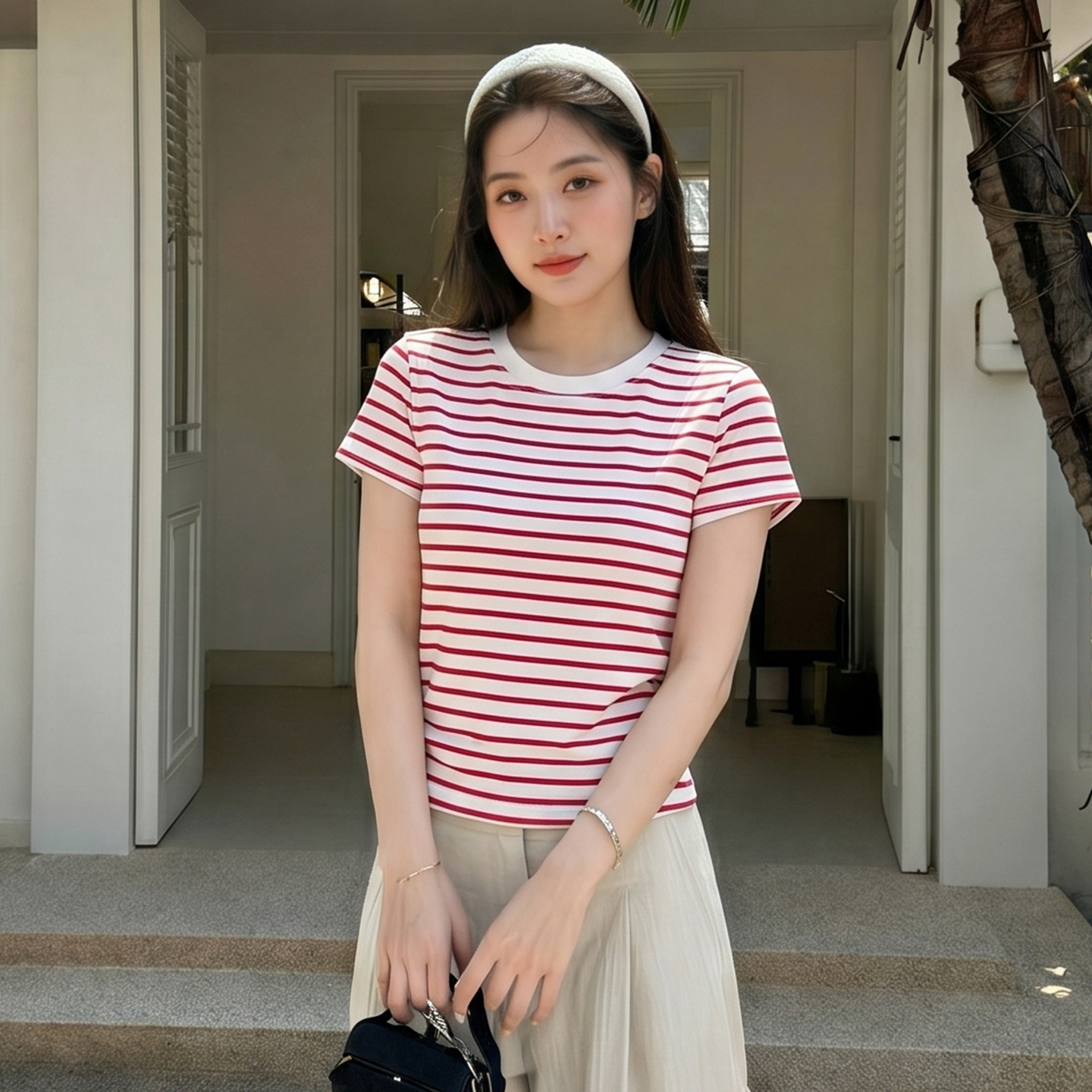 AI實價#紅色條紋撞色拼接正肩短袖t恤女2026新款寬松顯瘦百搭短款