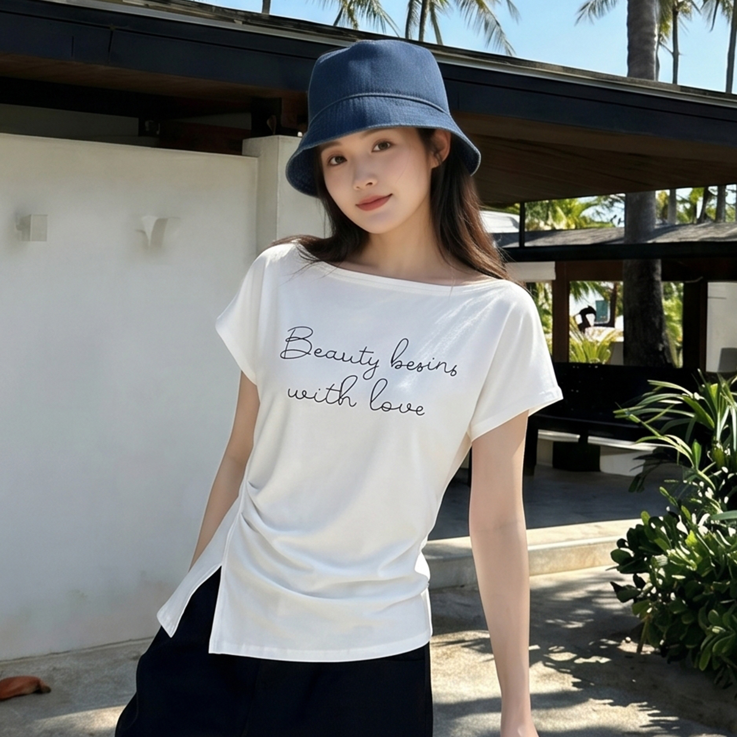 AI實價不規則一字肩短袖t恤女2026新款設計感褶皺收腰露肩上衣