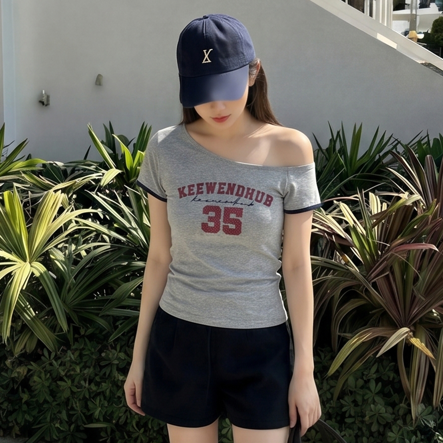 AI實價# 藍色斜肩短袖t恤女2026夏高級感顯瘦修身字母露肩上衣