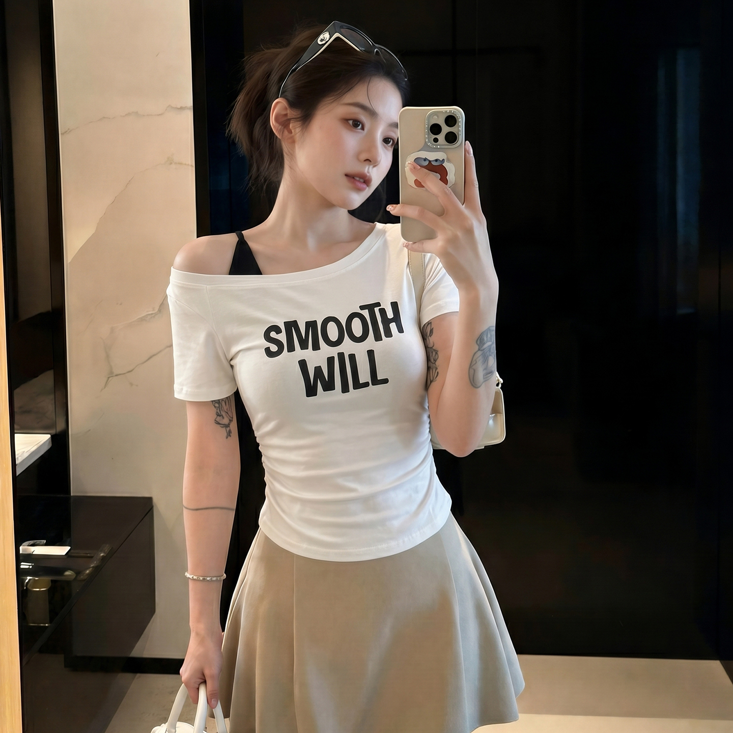 AI實價#短袖t恤女夏季2026新款美式印花性感褶皺收腰吊帶露肩