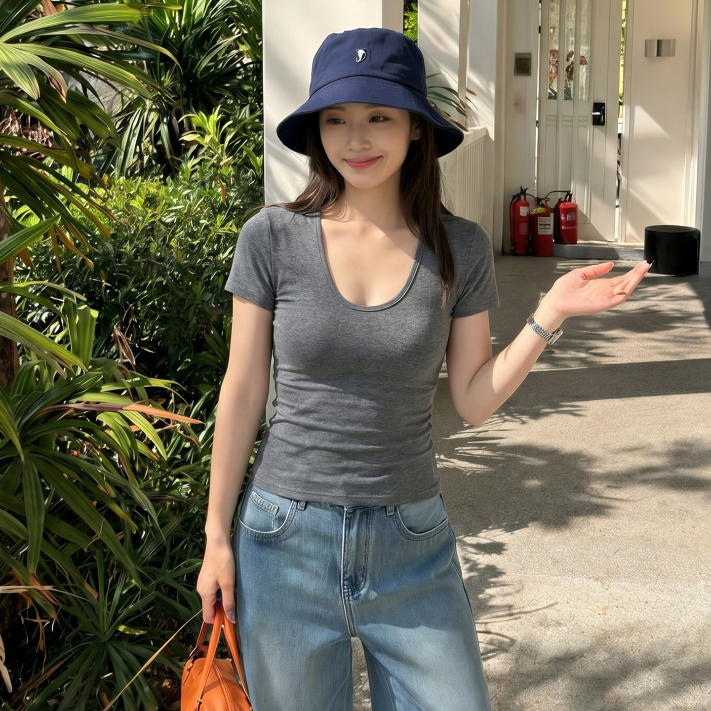AI實價#韓系u型領短袖t恤女夏季莫代爾褶皺收腰修身顯瘦短款上衣