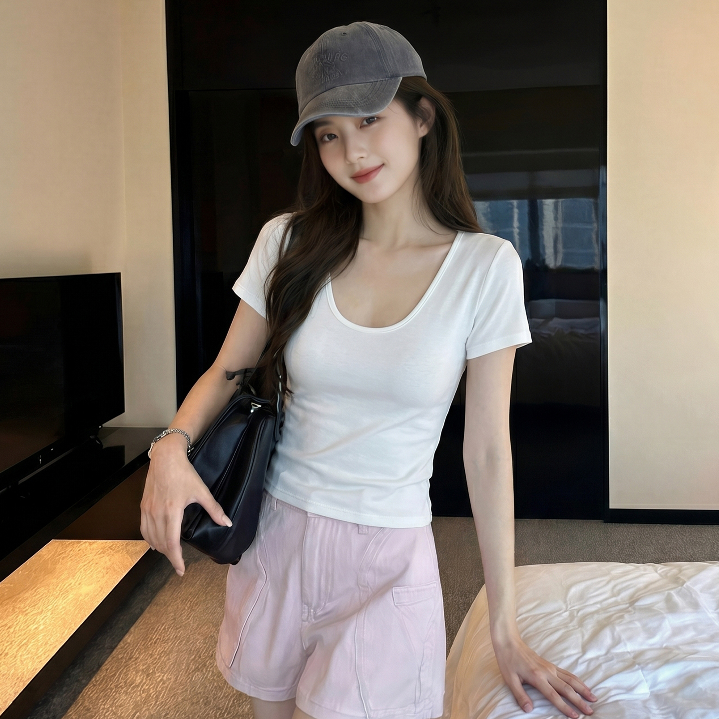 AI實價#韓系u型領短袖t恤女夏季莫代爾褶皺收腰修身顯瘦短款上衣