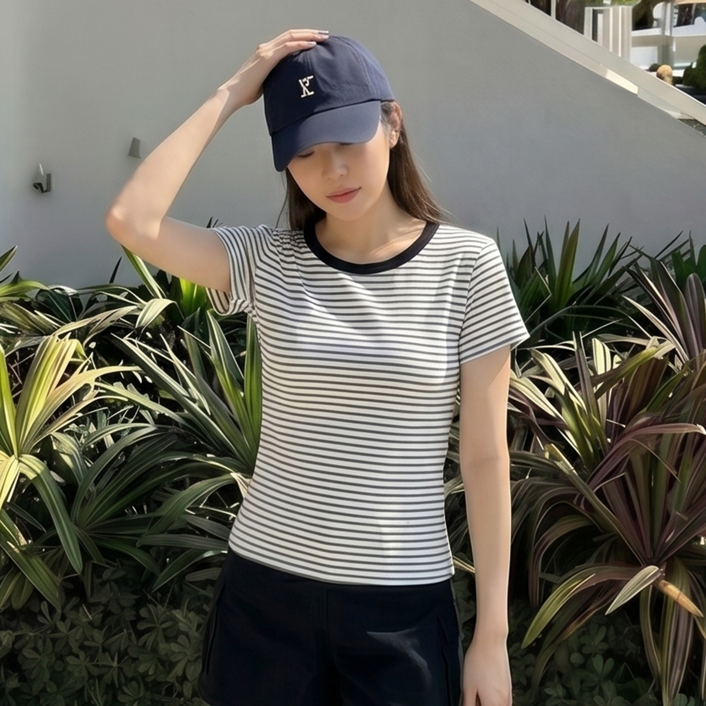 AI實價#圓領條紋t恤女短袖夏季2026新款洋氣小衫修身短款上衣女