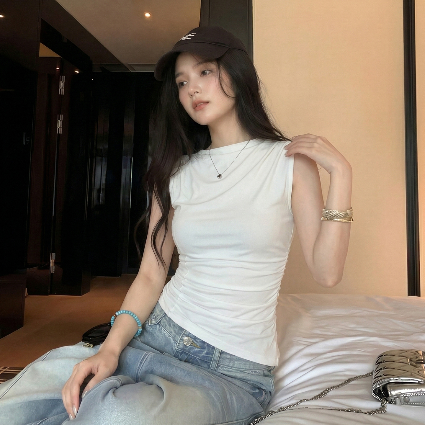 AI實價#白色半高領莫代爾無袖t恤女2026新款夏季高級感修身顯瘦