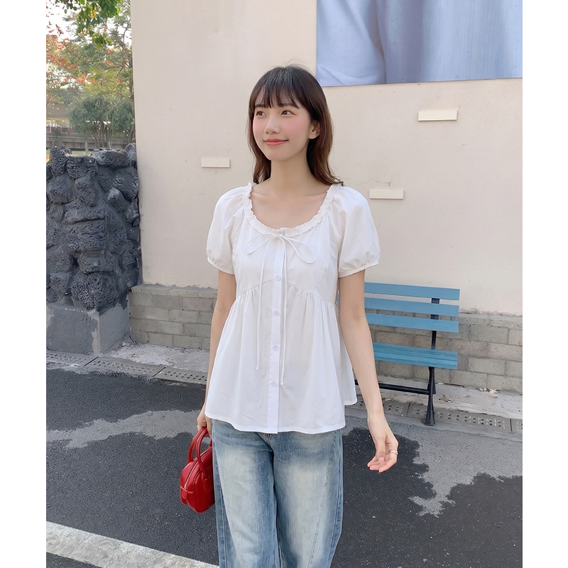 實拍實價#白色蝴蝶結花邊u領泡泡袖短袖t恤襯衫女春夏設計感寬松