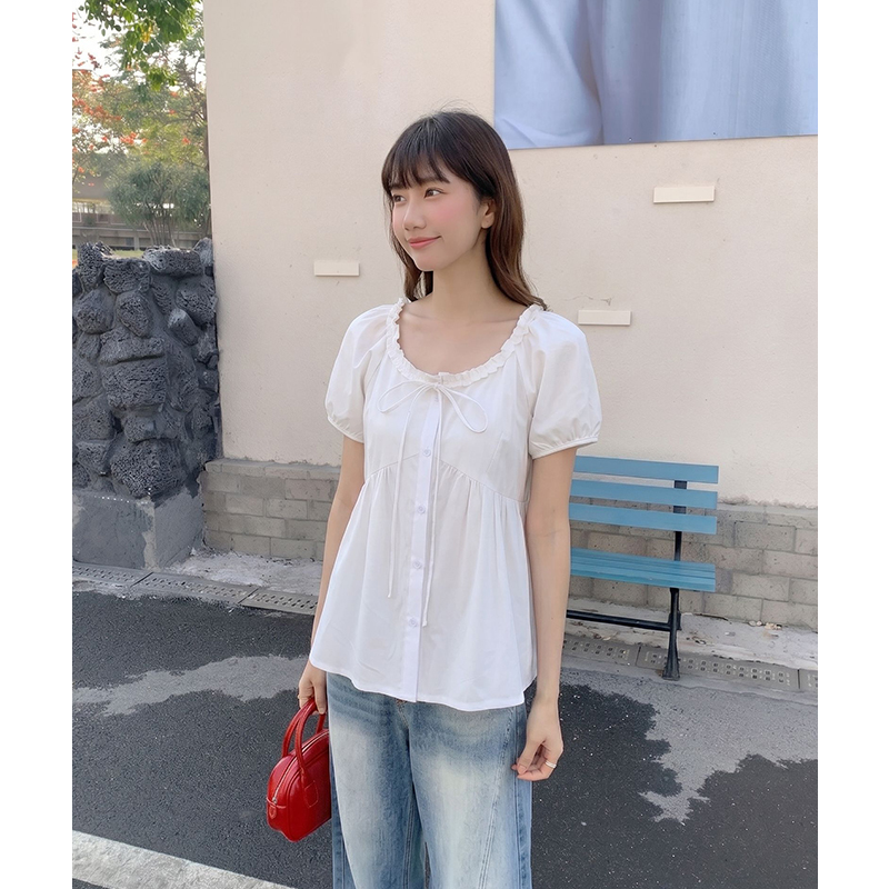 實拍實價#白色蝴蝶結花邊u領泡泡袖短袖t恤襯衫女春夏設計感寬松